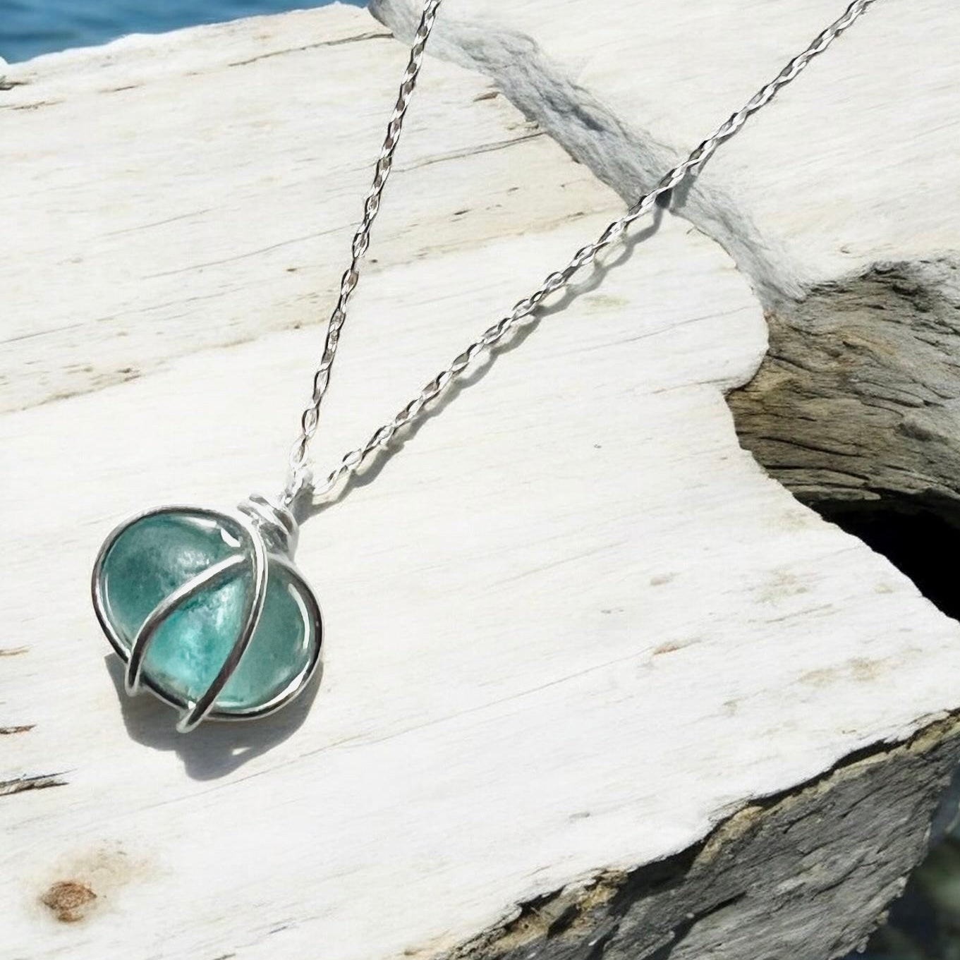 Bright Aqua Blue Heart Sea Glass Pendant