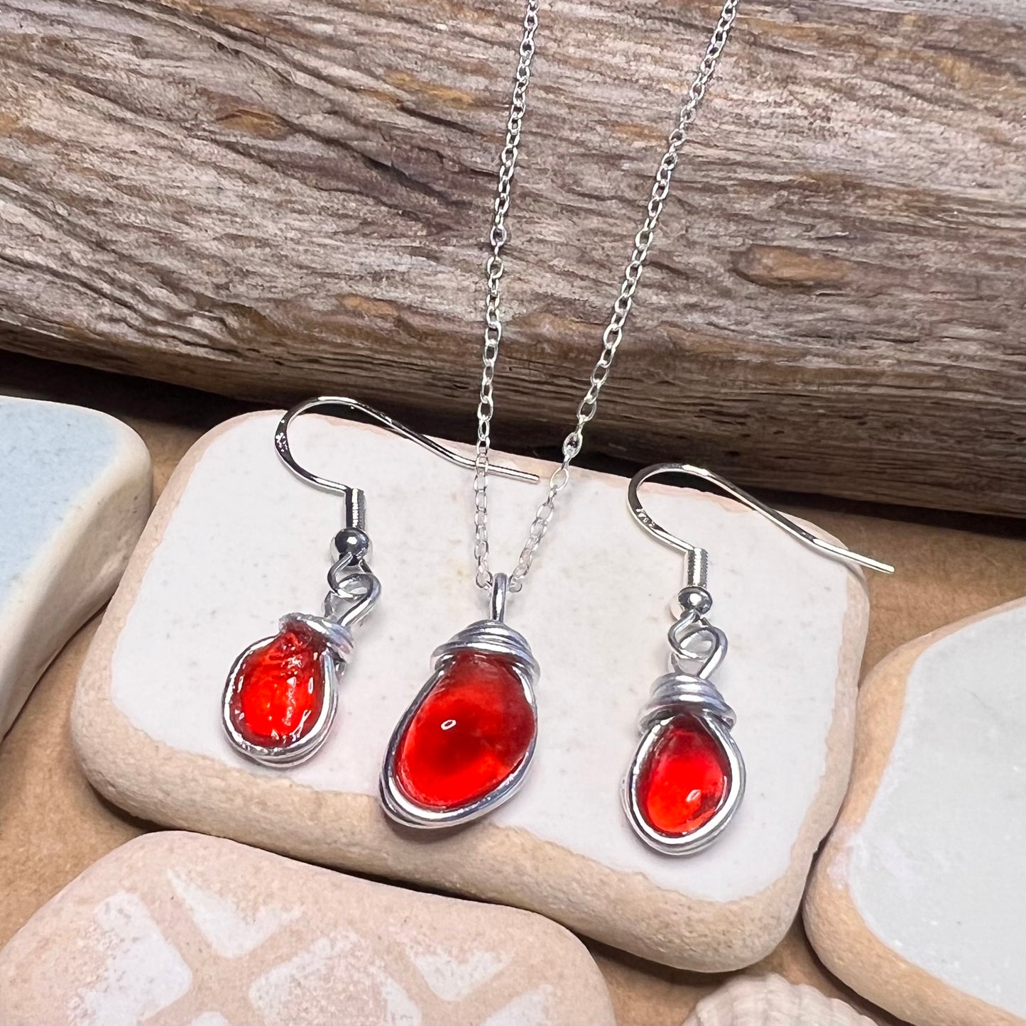 Rare Deep Orange/Red Seaham Sea Glass Jewellery Set