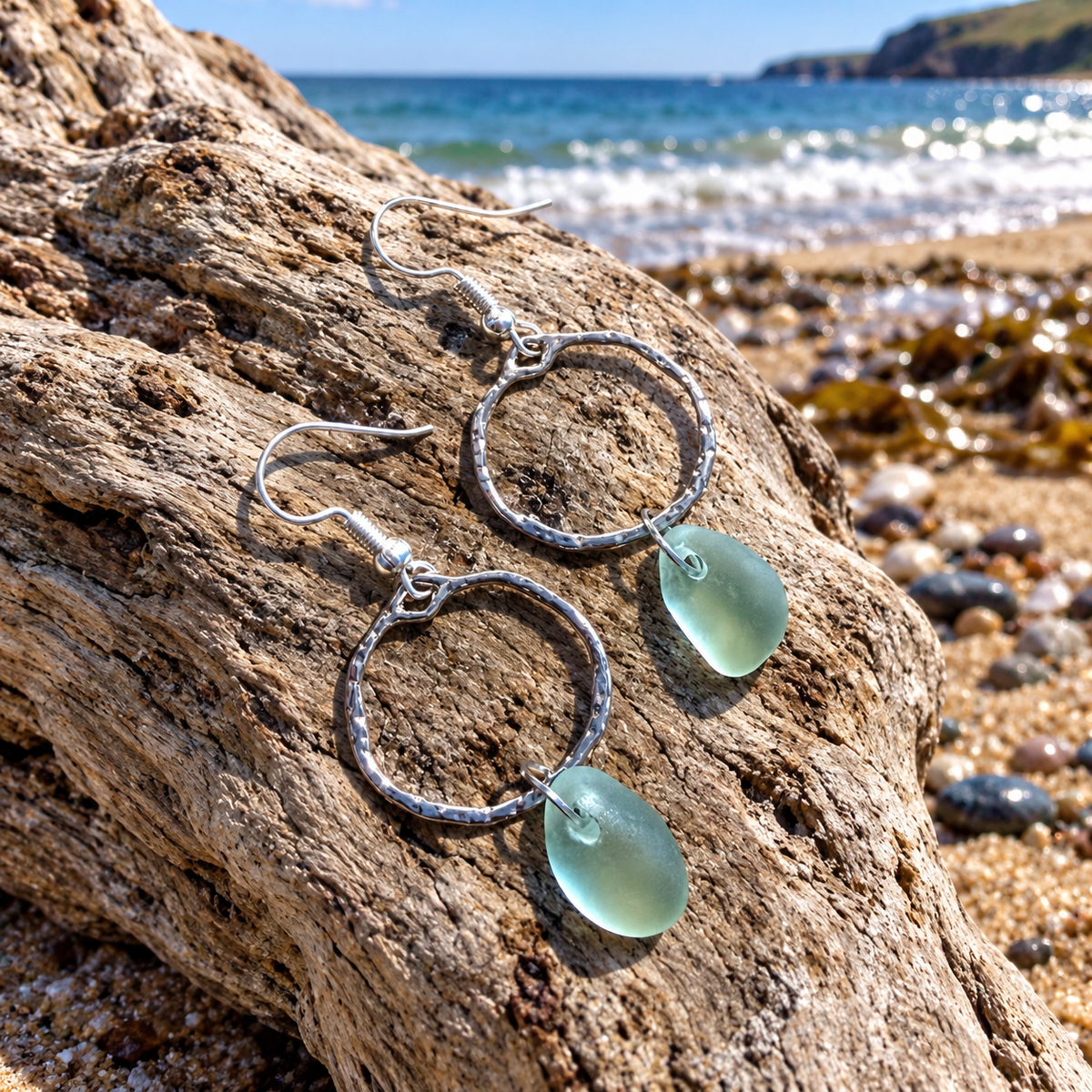 Pale Aqua Seaham Sea Glass Frame Circle Drop Earrings