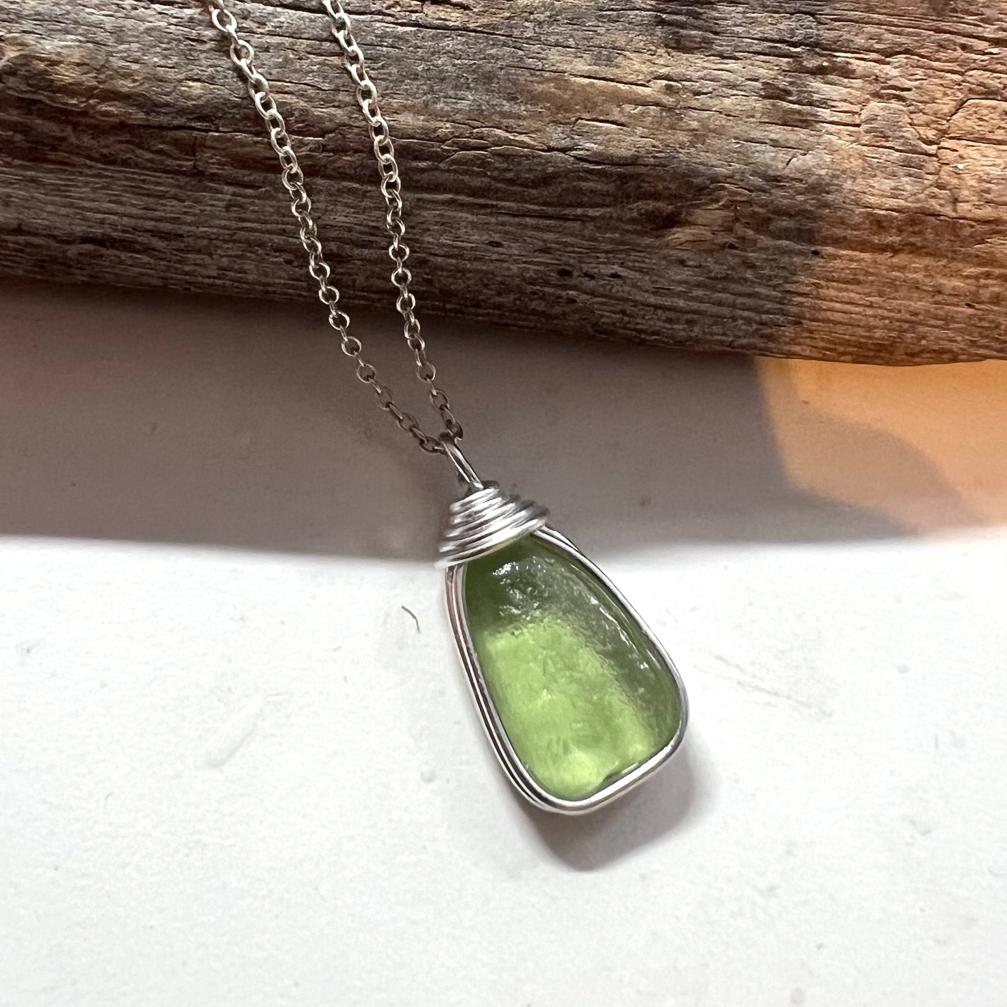 Lime Green Seaham Sea Glass and Glass Pearl Pendant