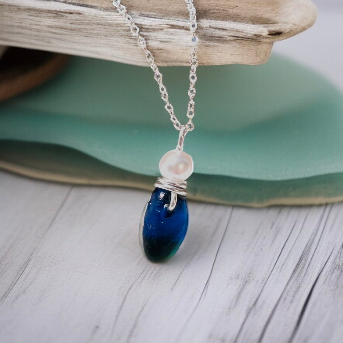 Deep Blue and Green Seaham Sea Glass Multi Pendant