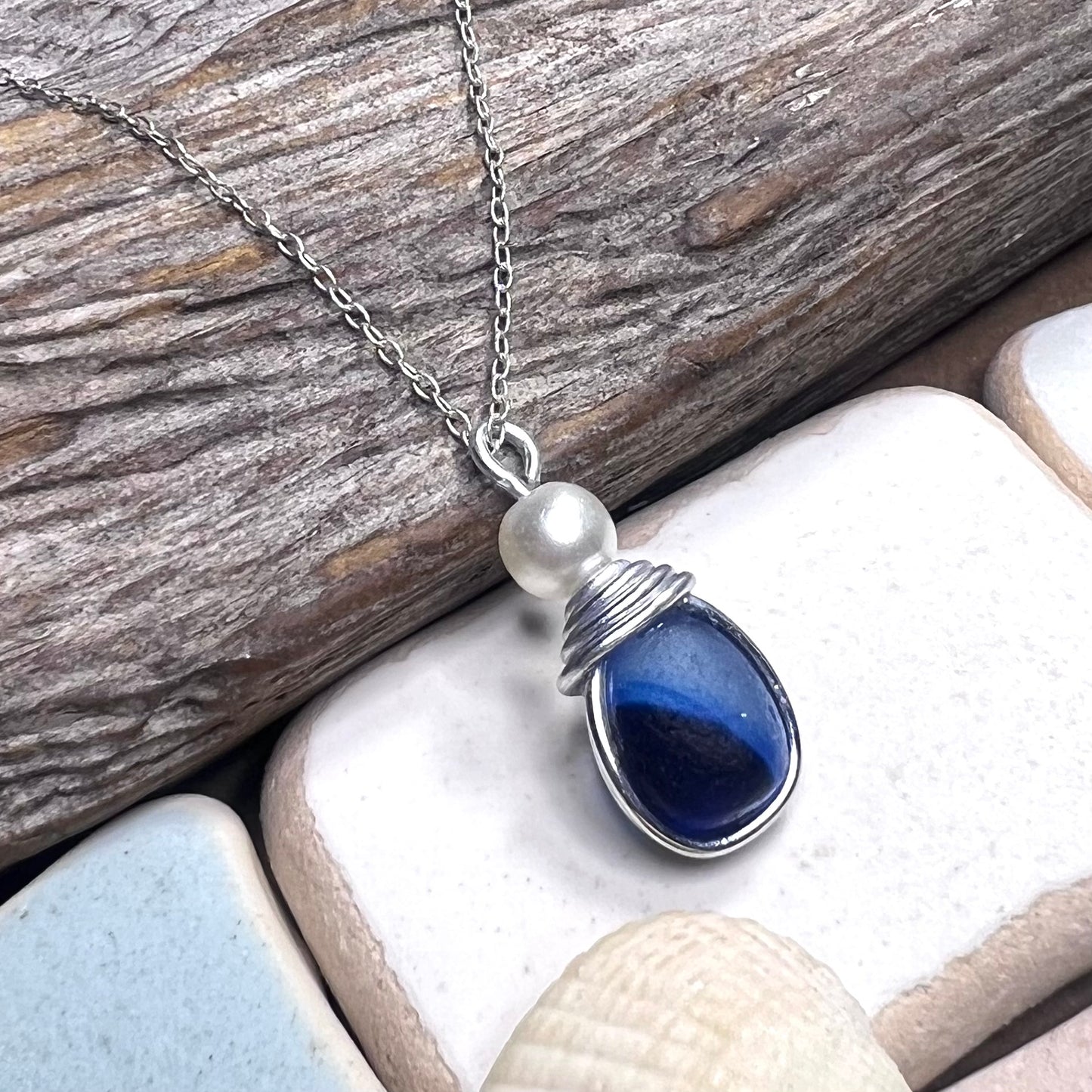 Seaham Sea Glass Multi Tone Blues  Pendant