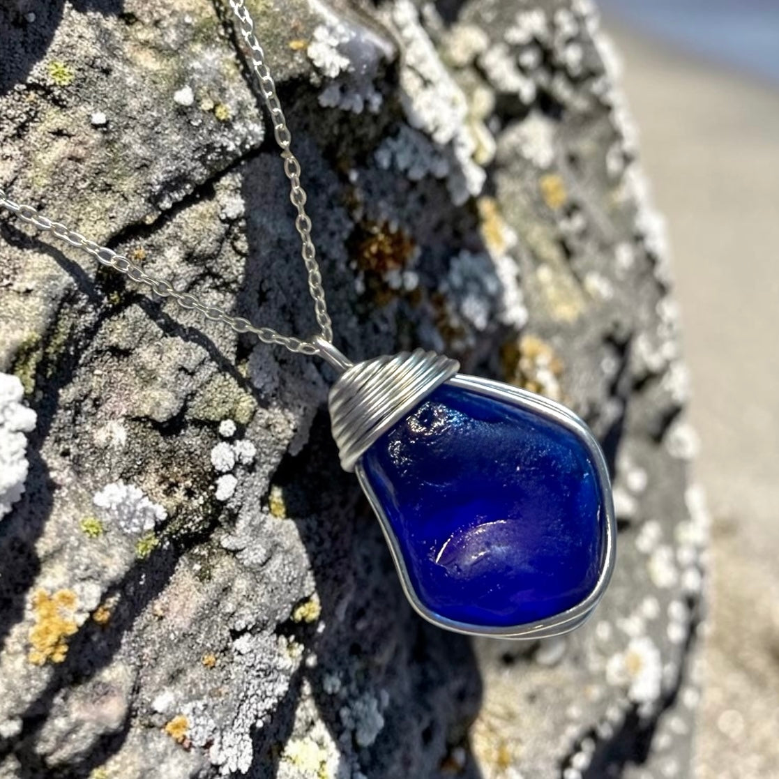 Very Large Deep Blue Nugget of Seaham Sea Glass Pendant