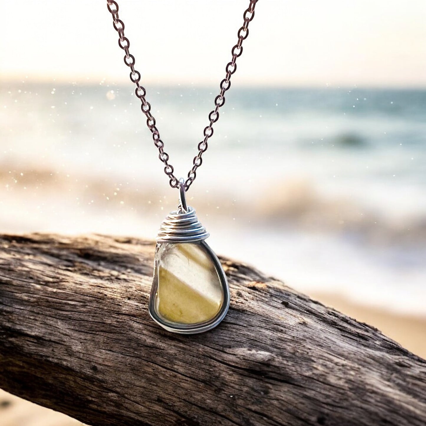 Rare Olive Stripes Green Seaham Sea Glass Chunky Pendant