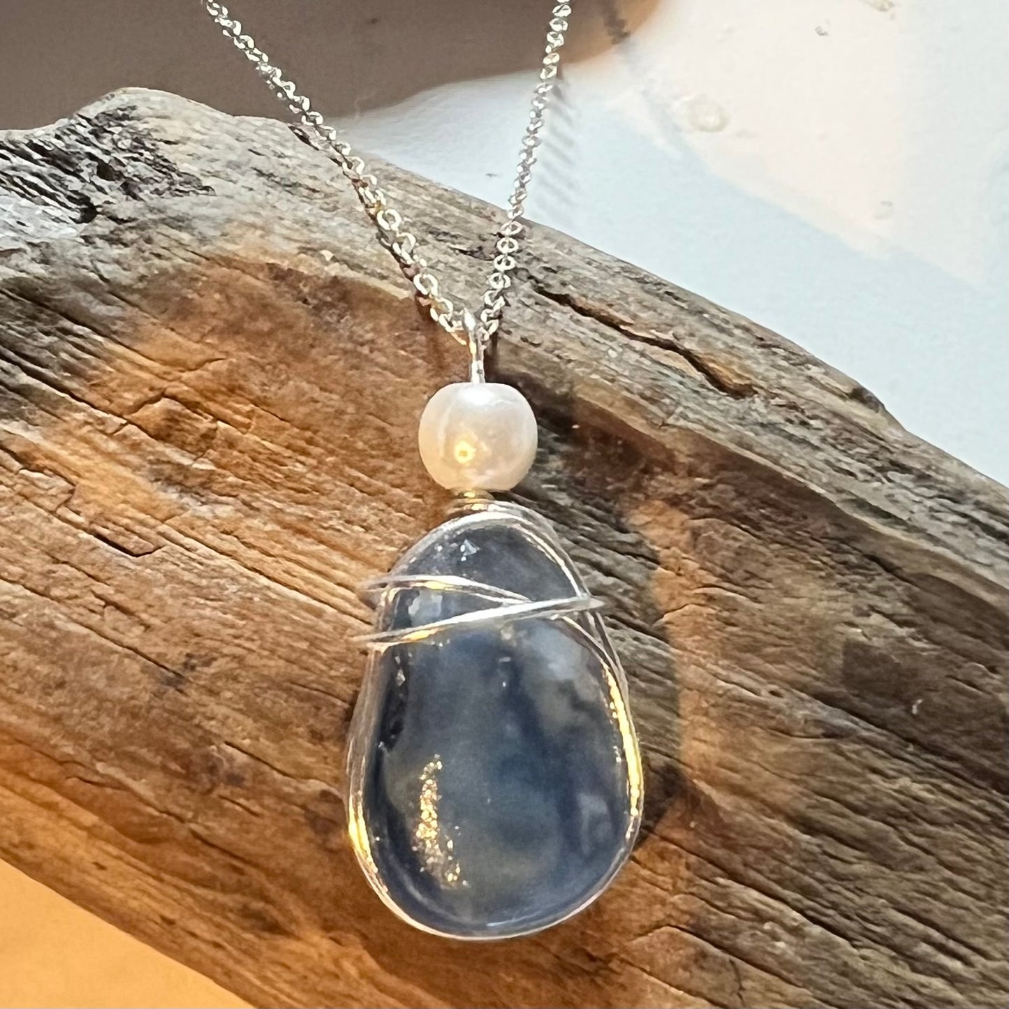 Large Dusky Blue Seaham Sea Glass Pendant