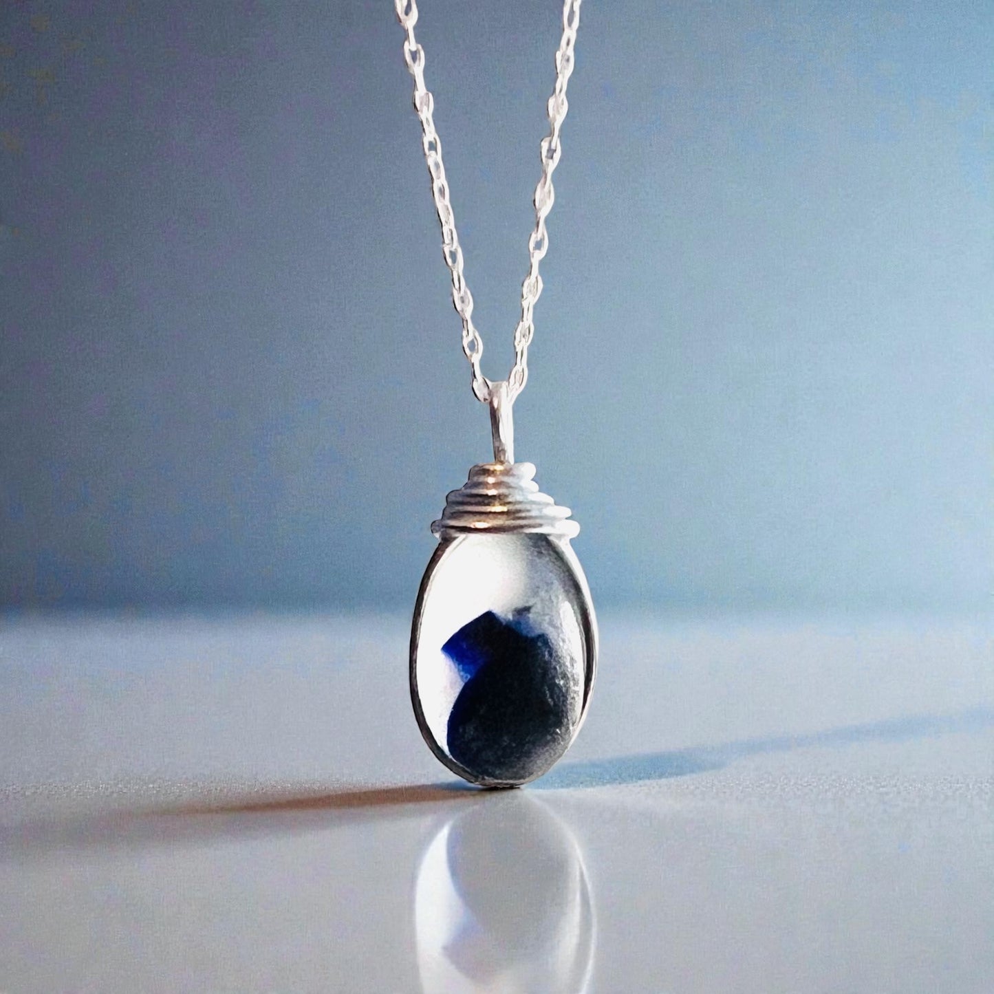 Deep Blue and White Seaham Sea Glass Multi Pendant