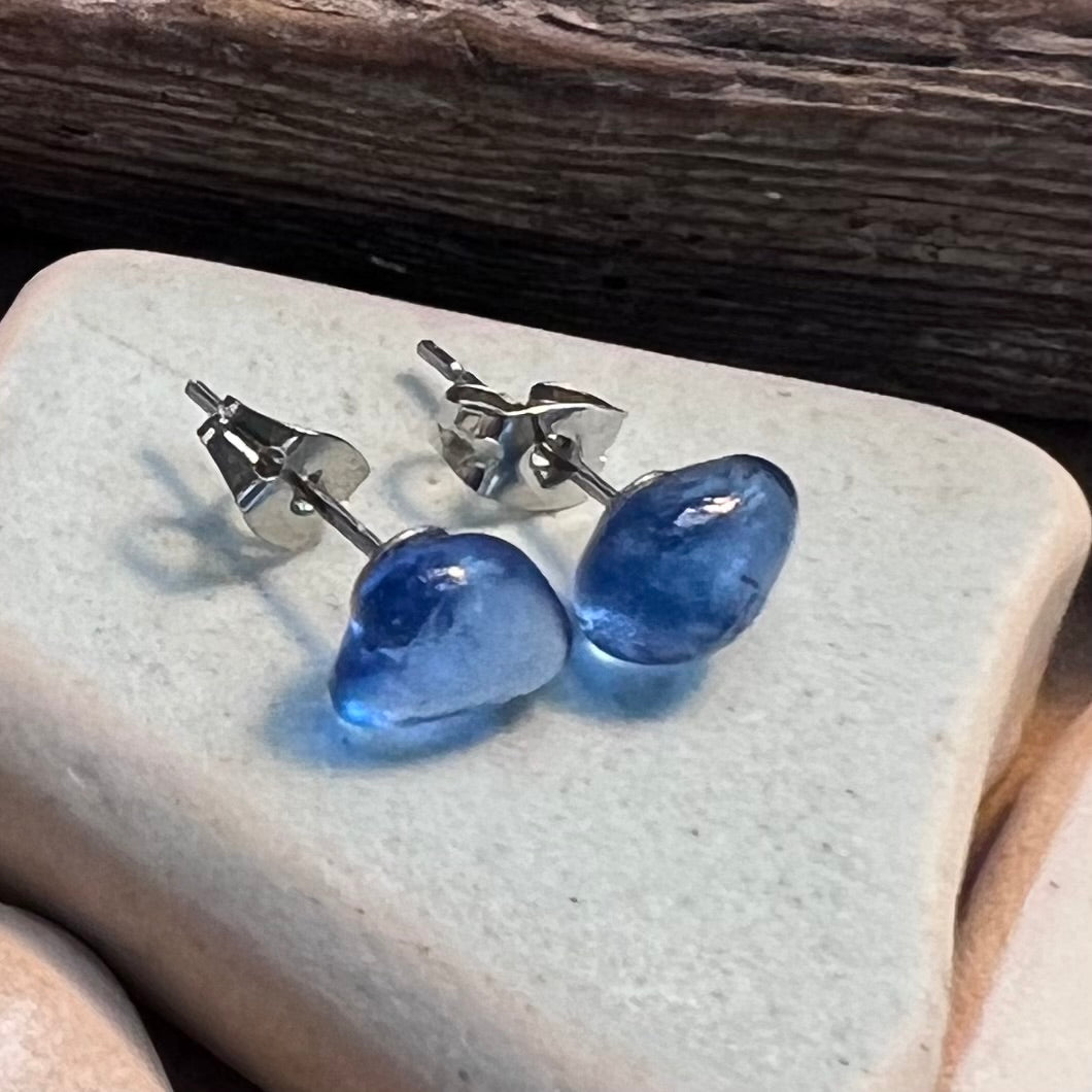 Blue Sea Glass Stud Earrings