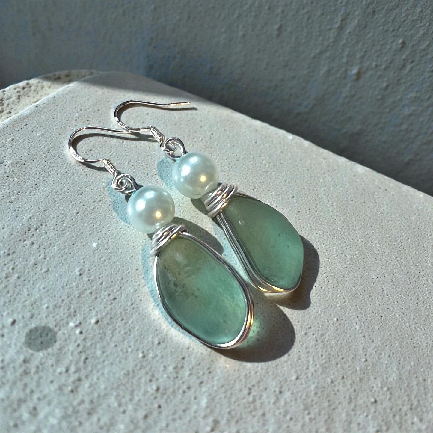 Sea Glass & Pearl Glass Bead Drop Earrings