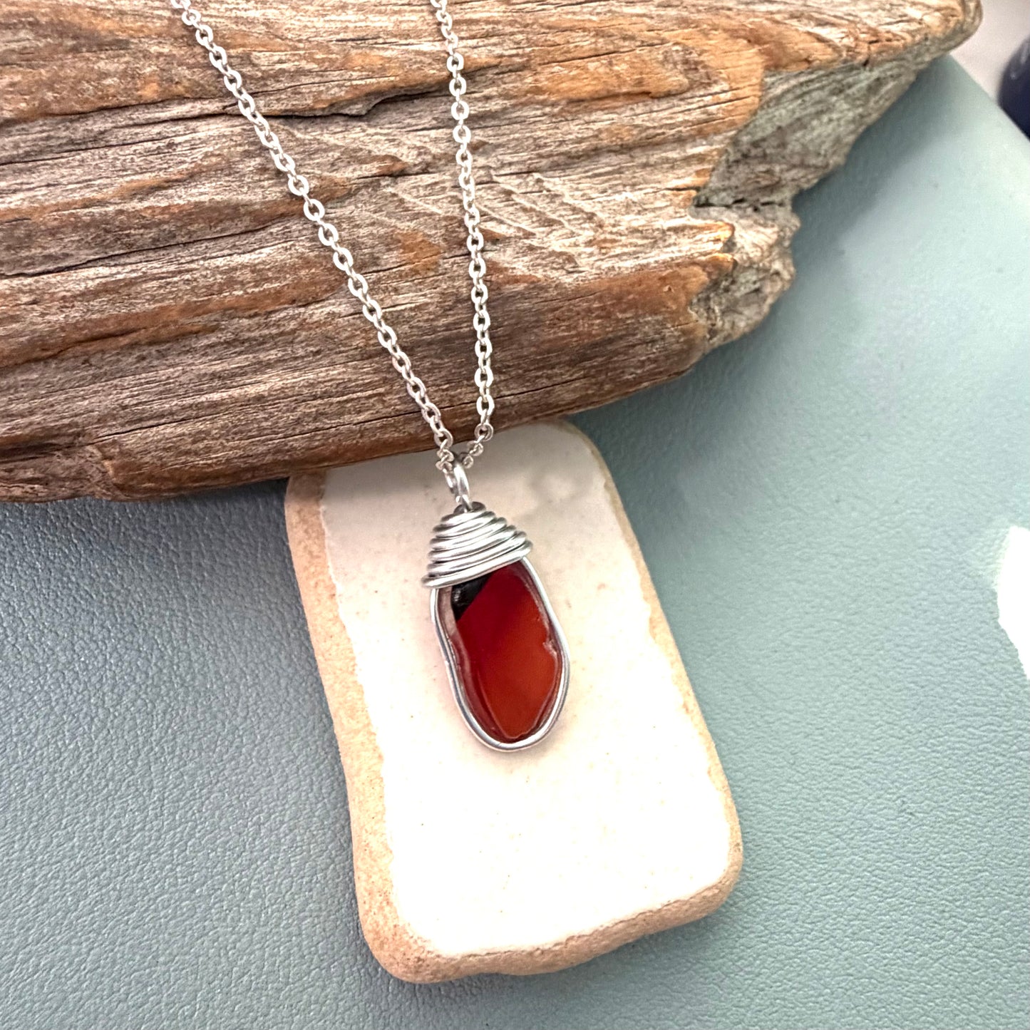 Very Rare Red and Orange Canary Islands Sea Glass Pendant