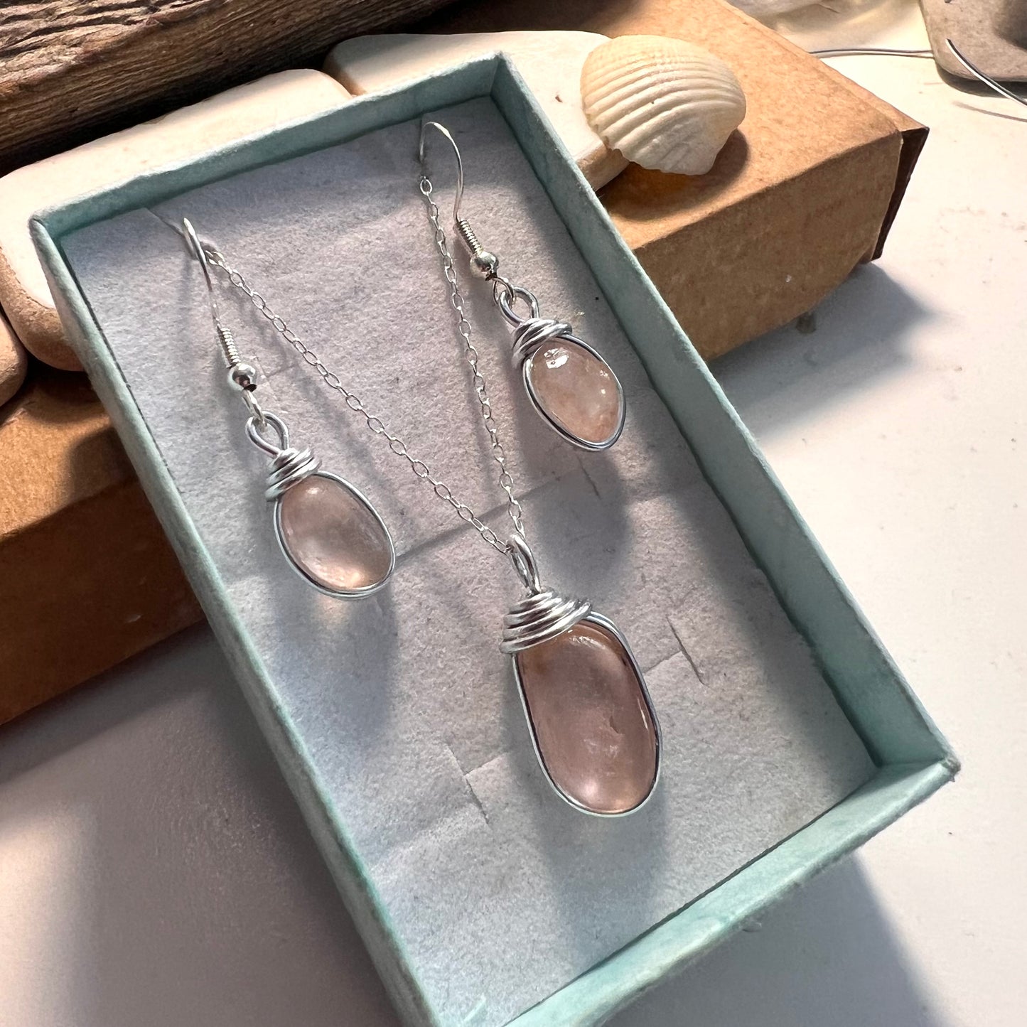 Pale Peach Pink Seaham Sea Glass Jewellery Set