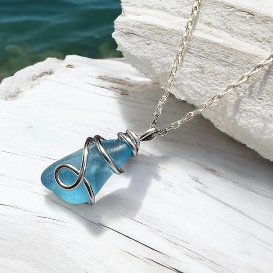 Rare Pale Bright Blue Seaham Sea Glass Pendant