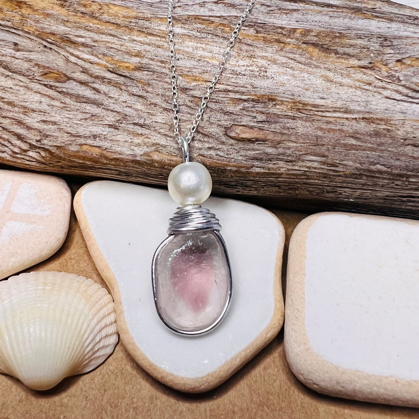 Pale Pale Pink & White Seaham Sea Glass Multi Pendant