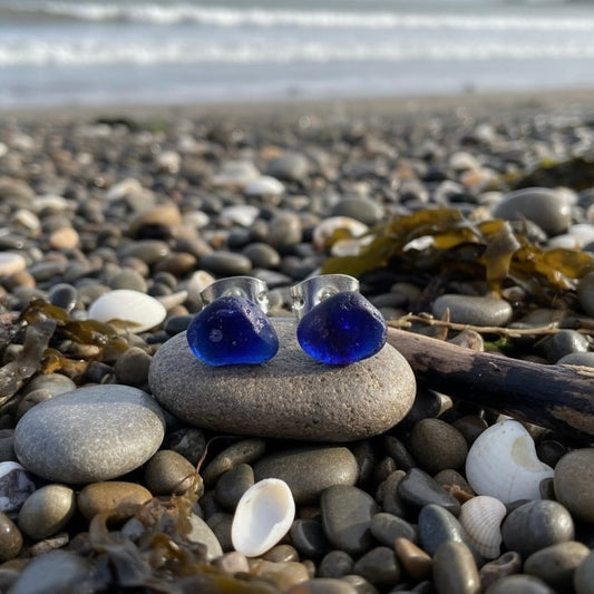 Deep Blue Sea Glass Stud Earrings