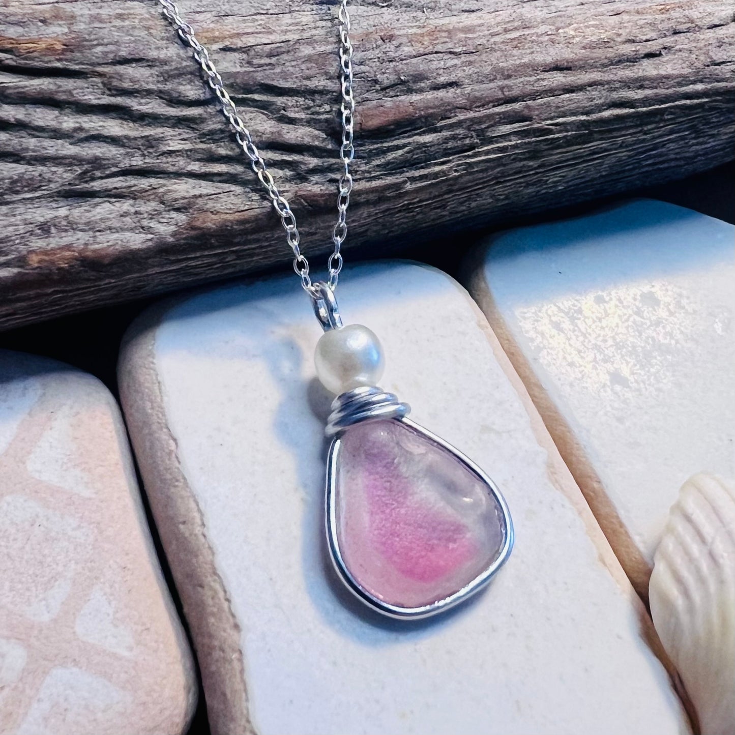 Pink & White Seaham Sea Glass Multi Pendant