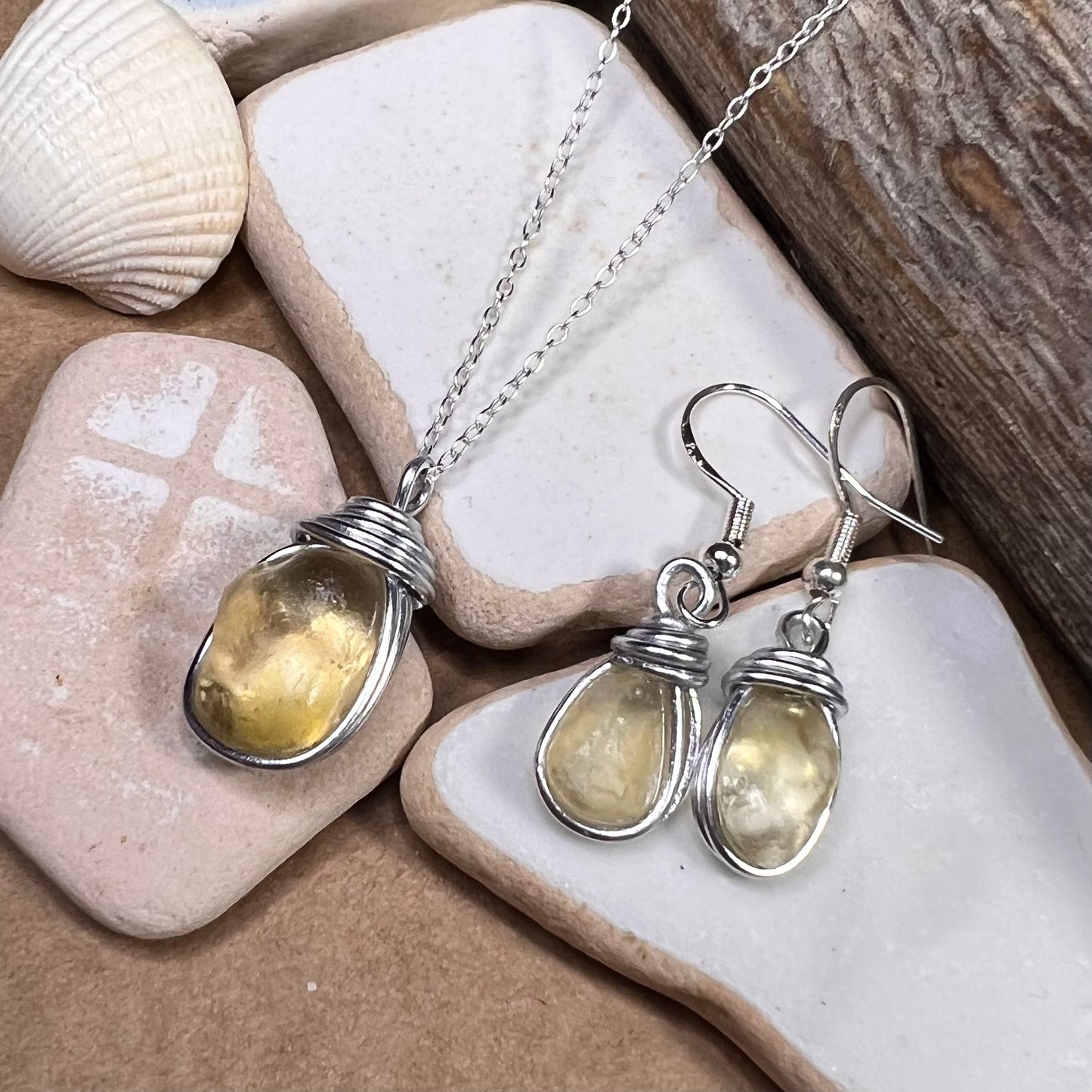 Pale Yellow Seaham Sea Glass Jewellery Set