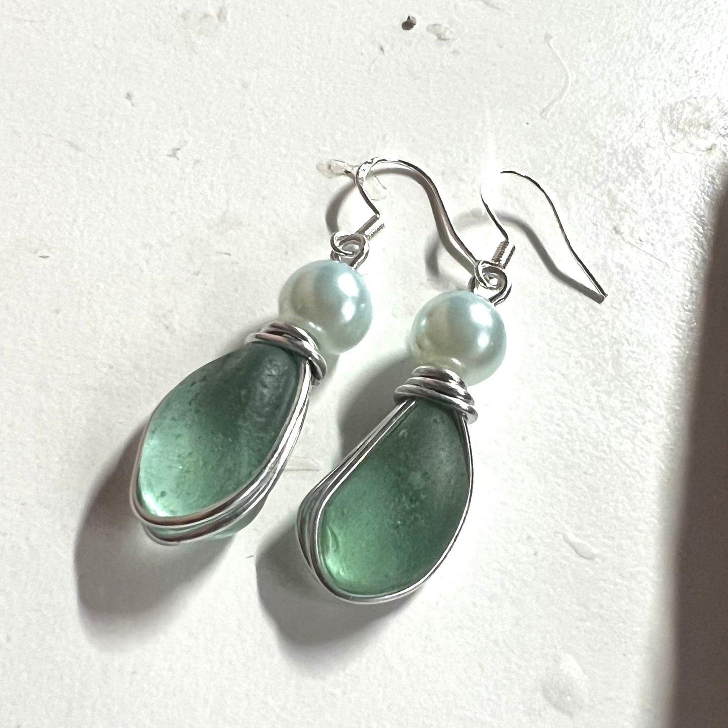 Sea Glass & Pearl Glass Bead Drop Earrings