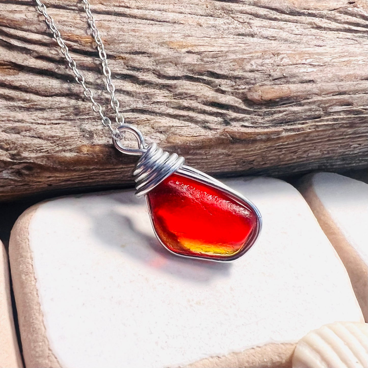 Very Rare Red and Orange and Yellow Seaham Sea Glass Multi Pendant