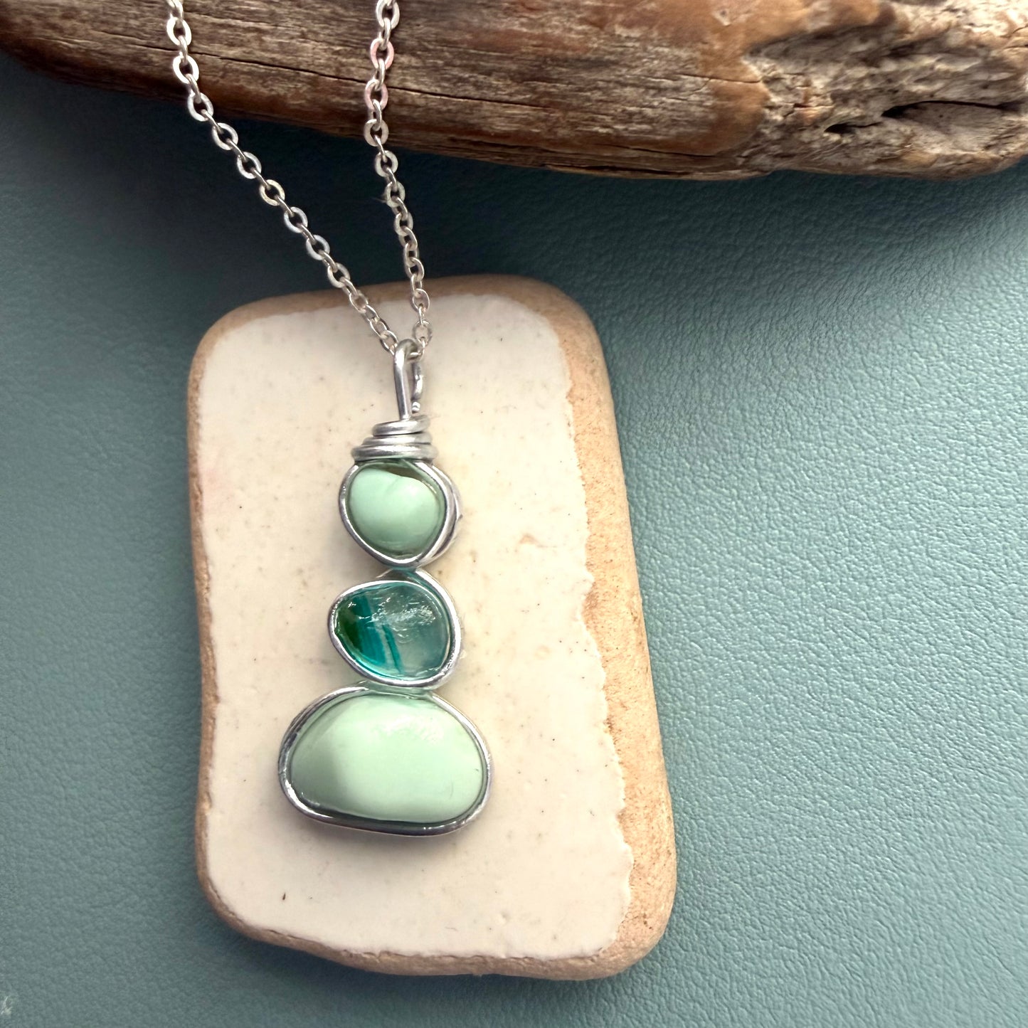 Three Piece Mint Green Seaham Sea Glass Pendant