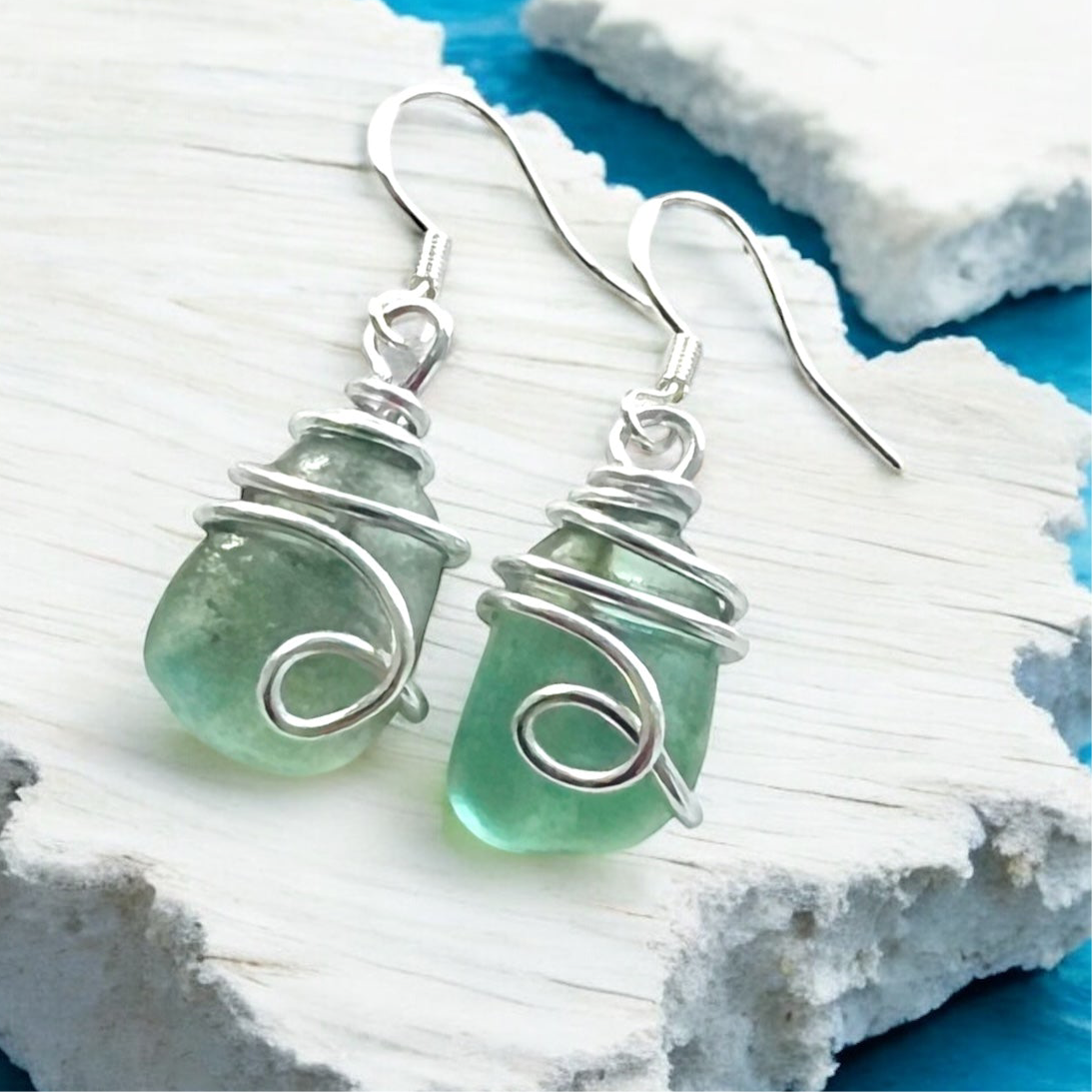 Turquoise Green Seaham Sea Glass Earrings