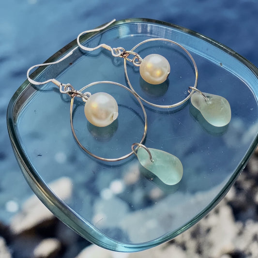 Statement Seaham Sea Glass and Glass Pearl Earrings