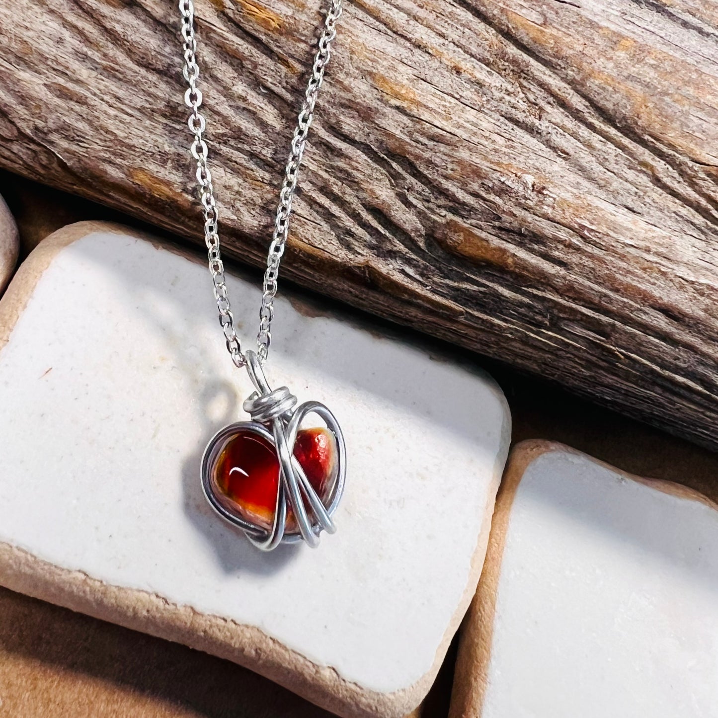 Small Rare Orange Tones Seaham Sea Glass Heart Pendant
