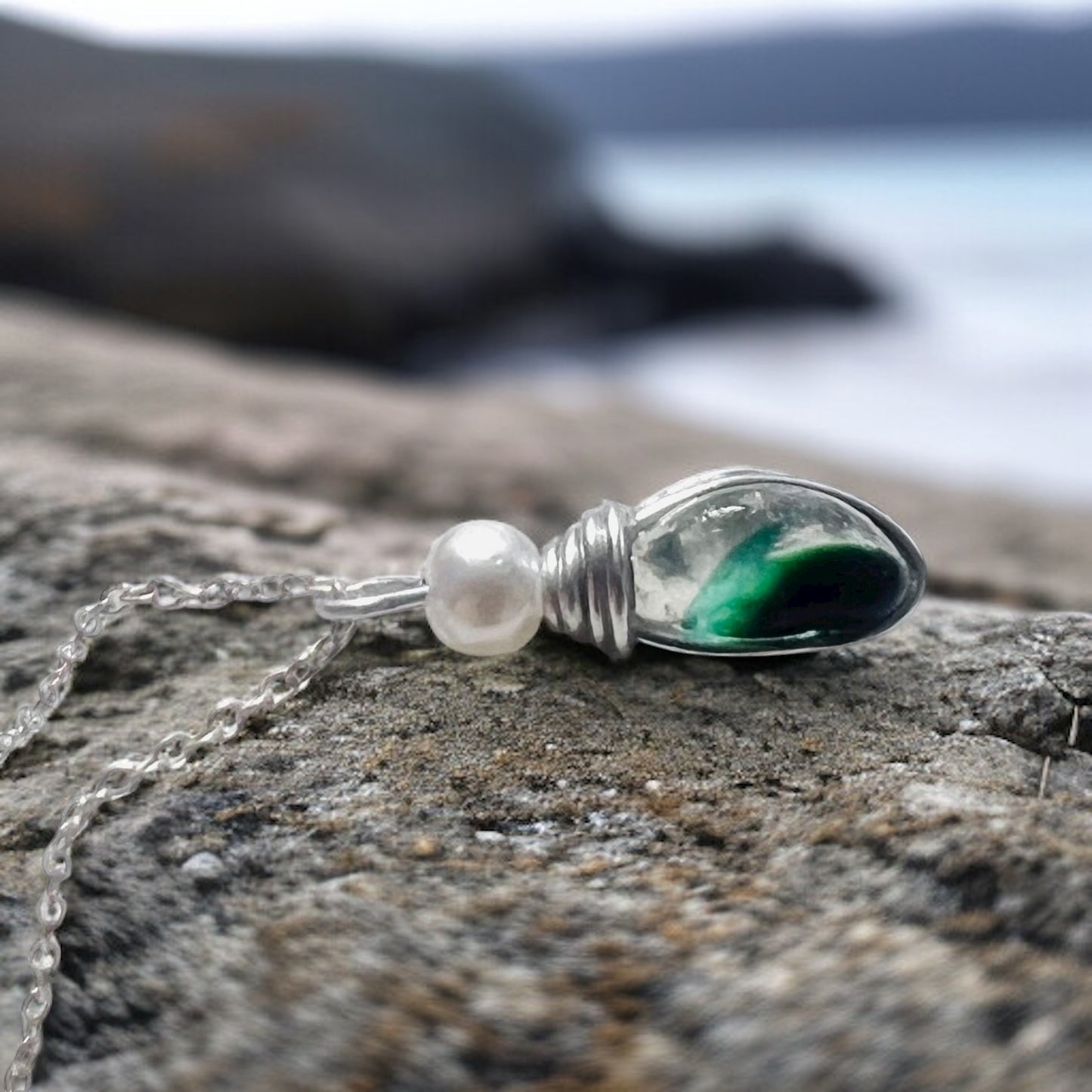 Seaham Sea Glass and Glass Pearl Pendant