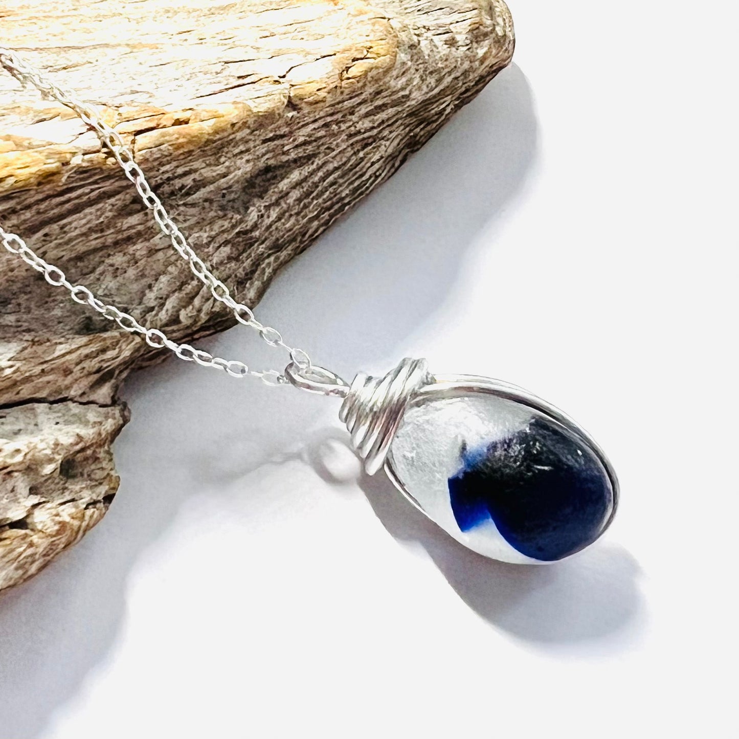 Deep Blue and White Seaham Sea Glass Multi Pendant