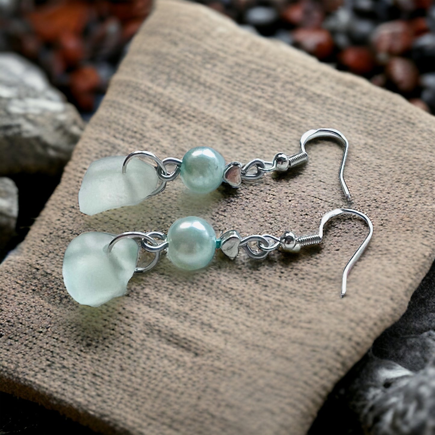 Sea Glass & Glass Pearl Mini Heart Drop Earrings