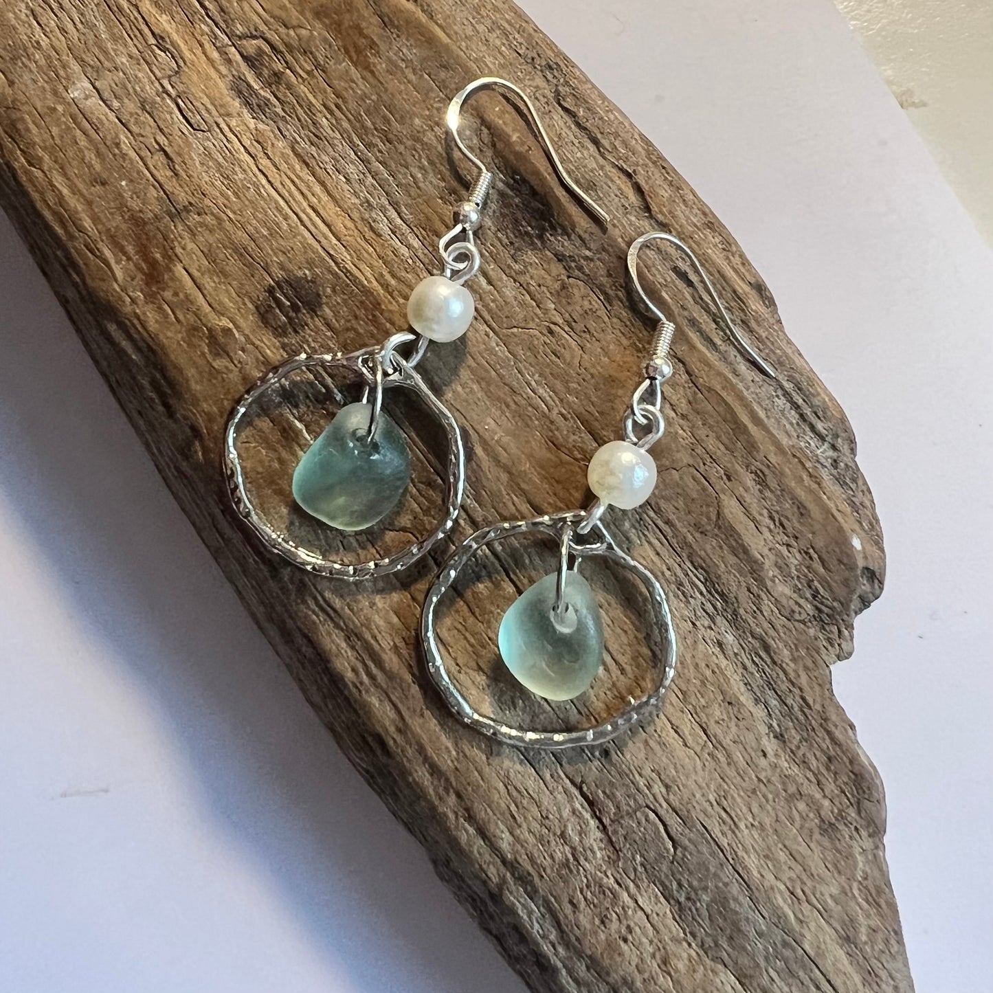 Aqua Sea Glass Frame & Pearl Earrings