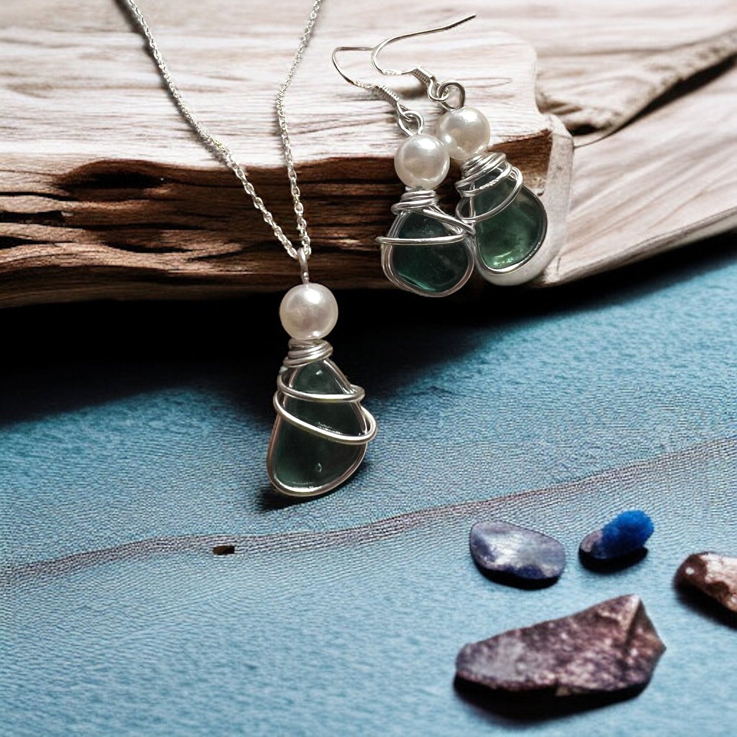 Dusky Turquoise Green Seaham Sea Glass Jewellery Set