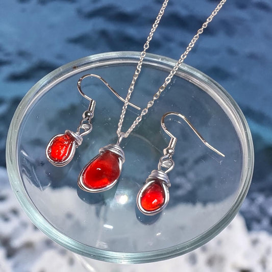 Rare Deep Orange/Red Seaham Sea Glass Jewellery Set