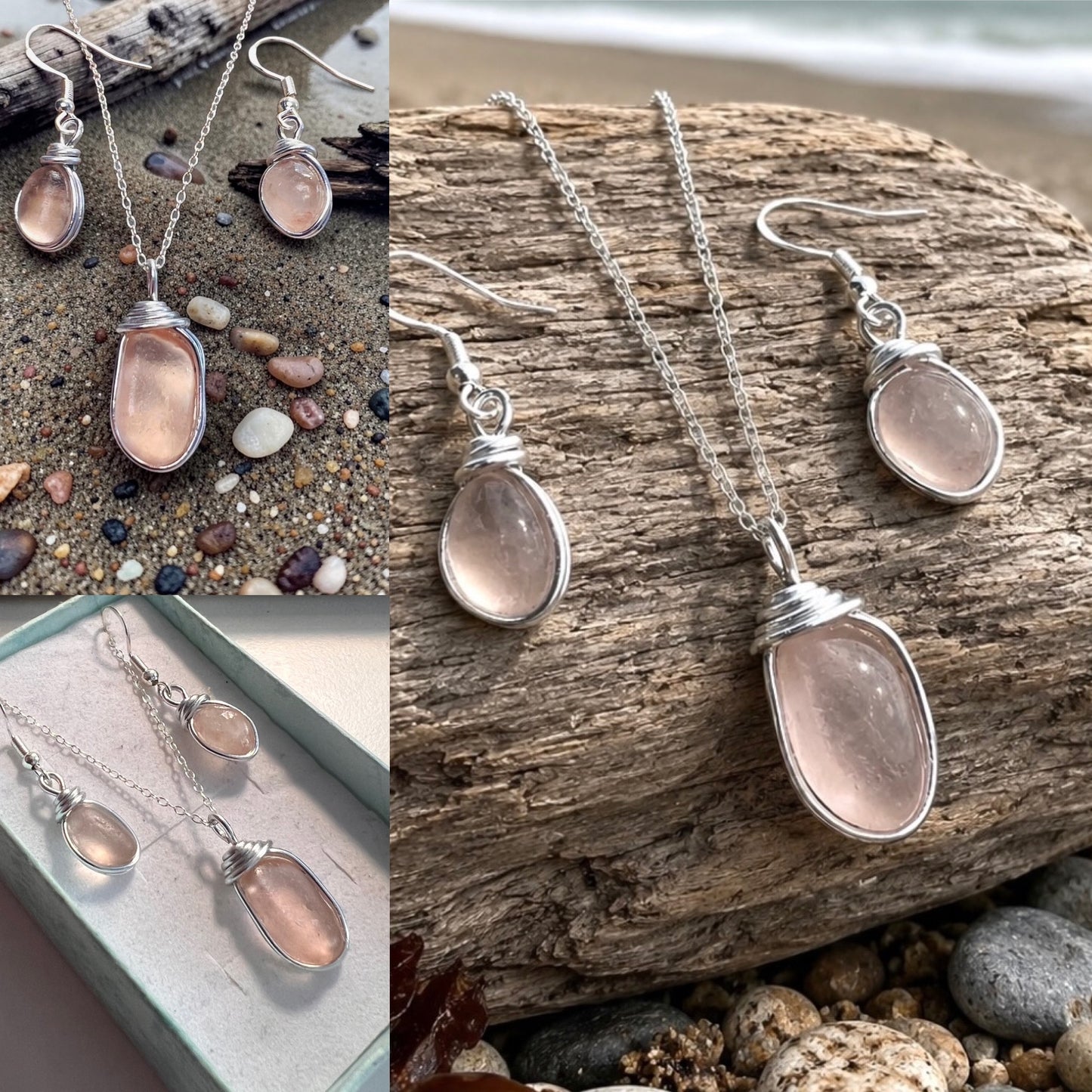 Pale Peach Pink Seaham Sea Glass Jewellery Set