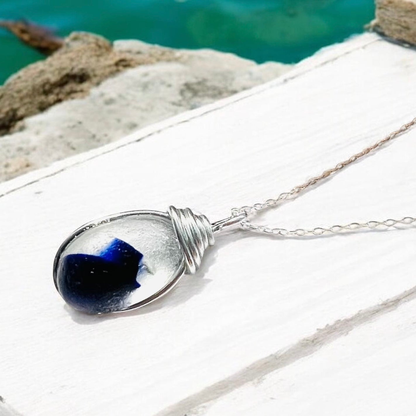 Deep Blue and White Seaham Sea Glass Multi Pendant