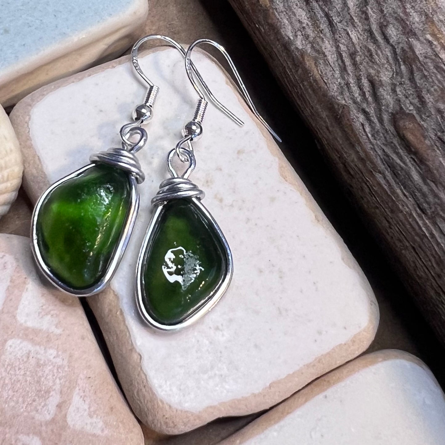 Bright Green Seaham Sea Glass Earrings