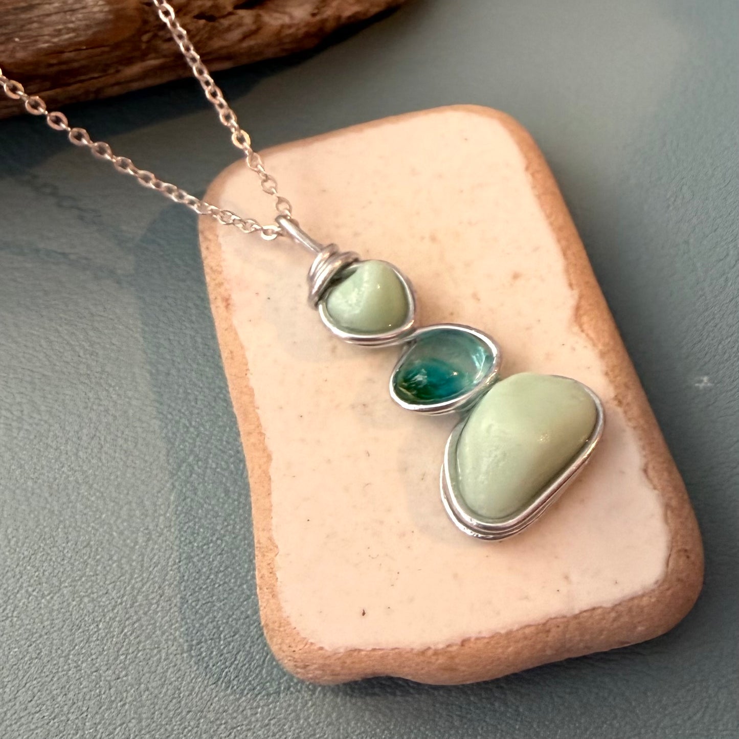 Three Piece Mint Green Seaham Sea Glass Pendant