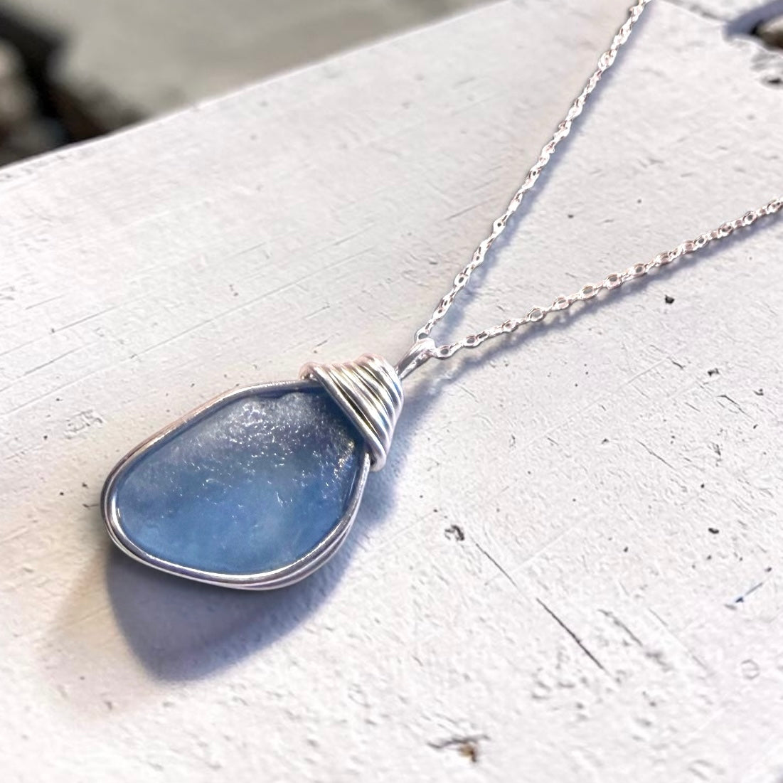 Large Mid Blue Seaham Sea Glass Pendant