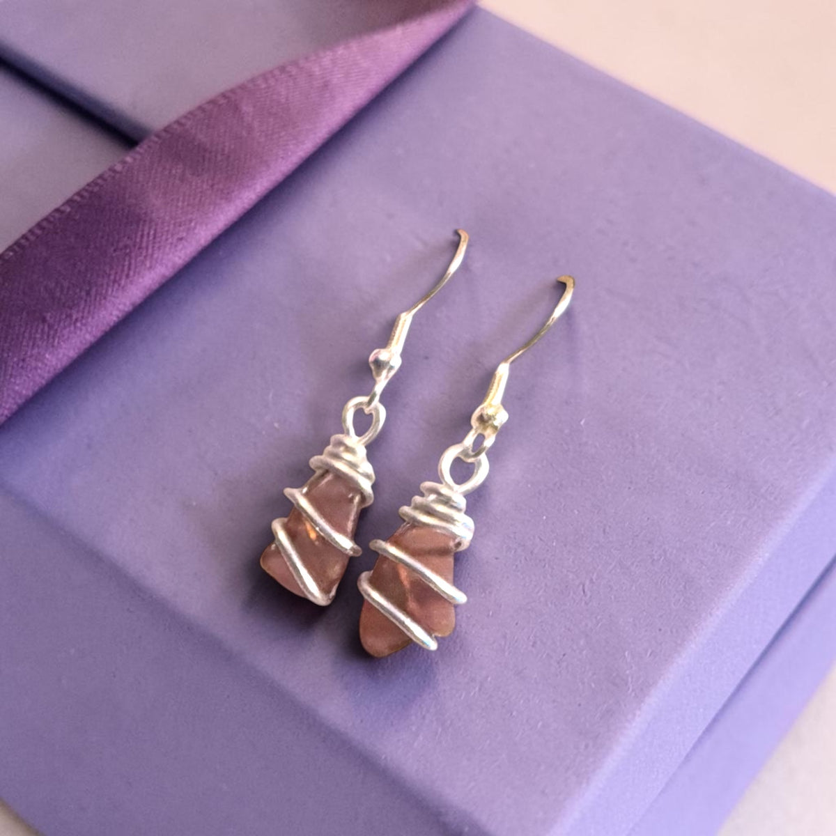 Rare Deep Pink Seaham Sea Glass Dangly Earrings