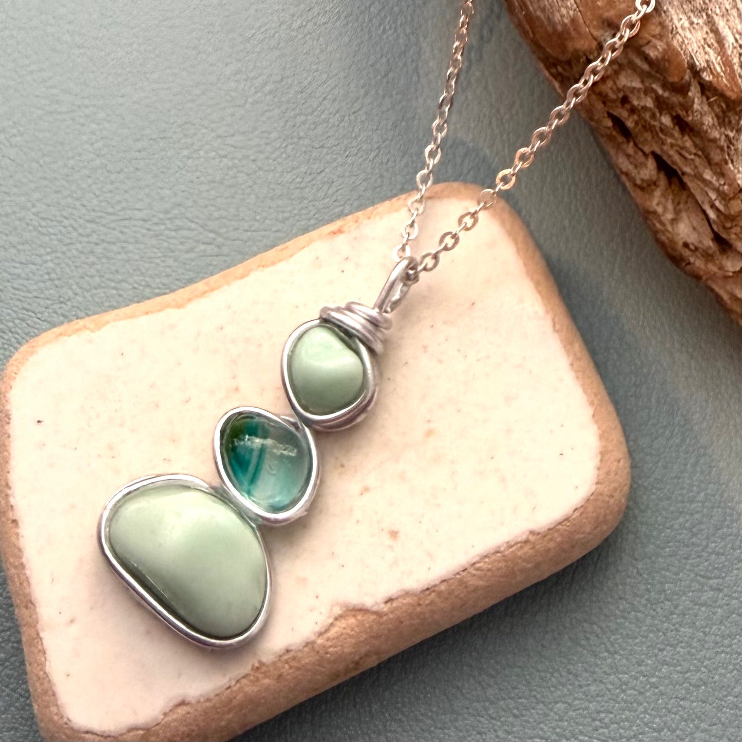 Three Piece Mint Green Seaham Sea Glass Pendant