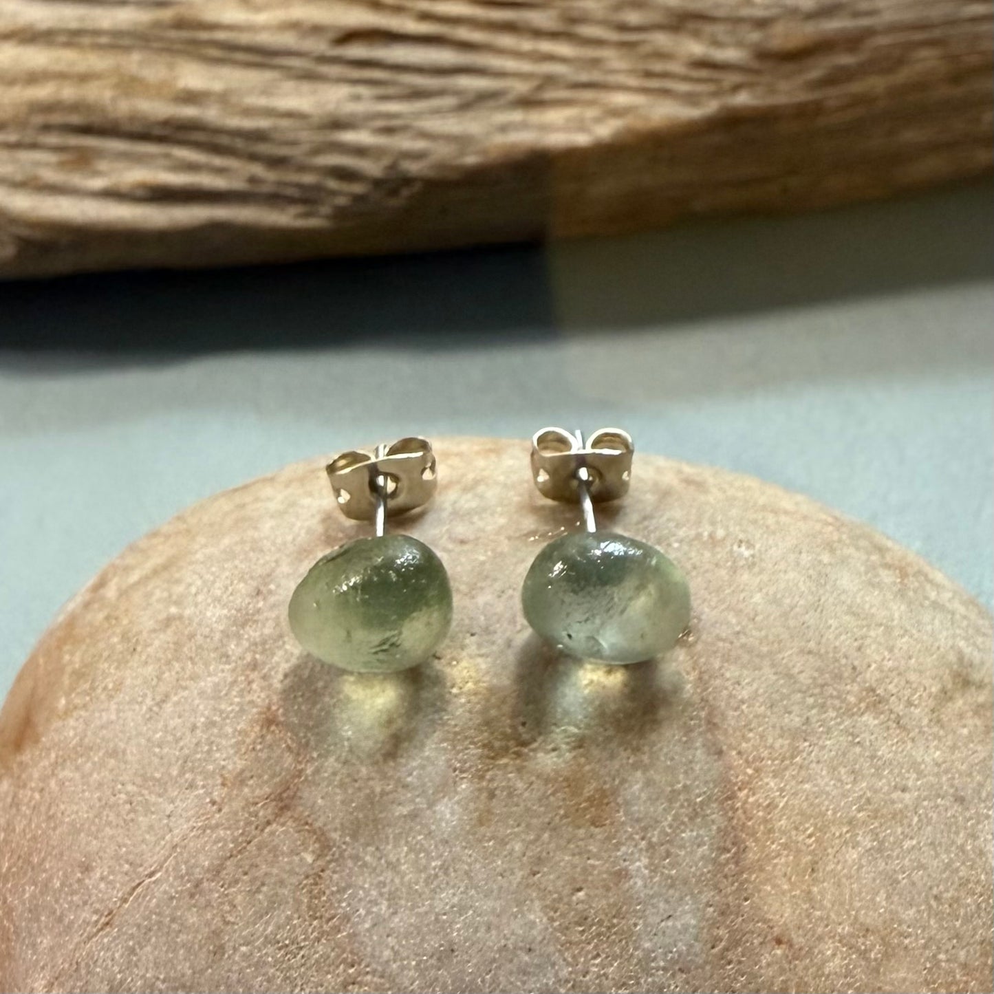 Pale Aqua Green Seaham Glass Stud Earrings
