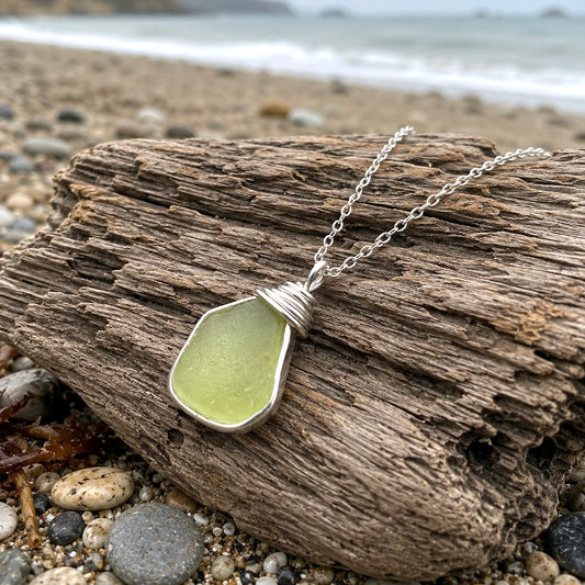 Rare Lime Green Seaham Sea Glass Pendant