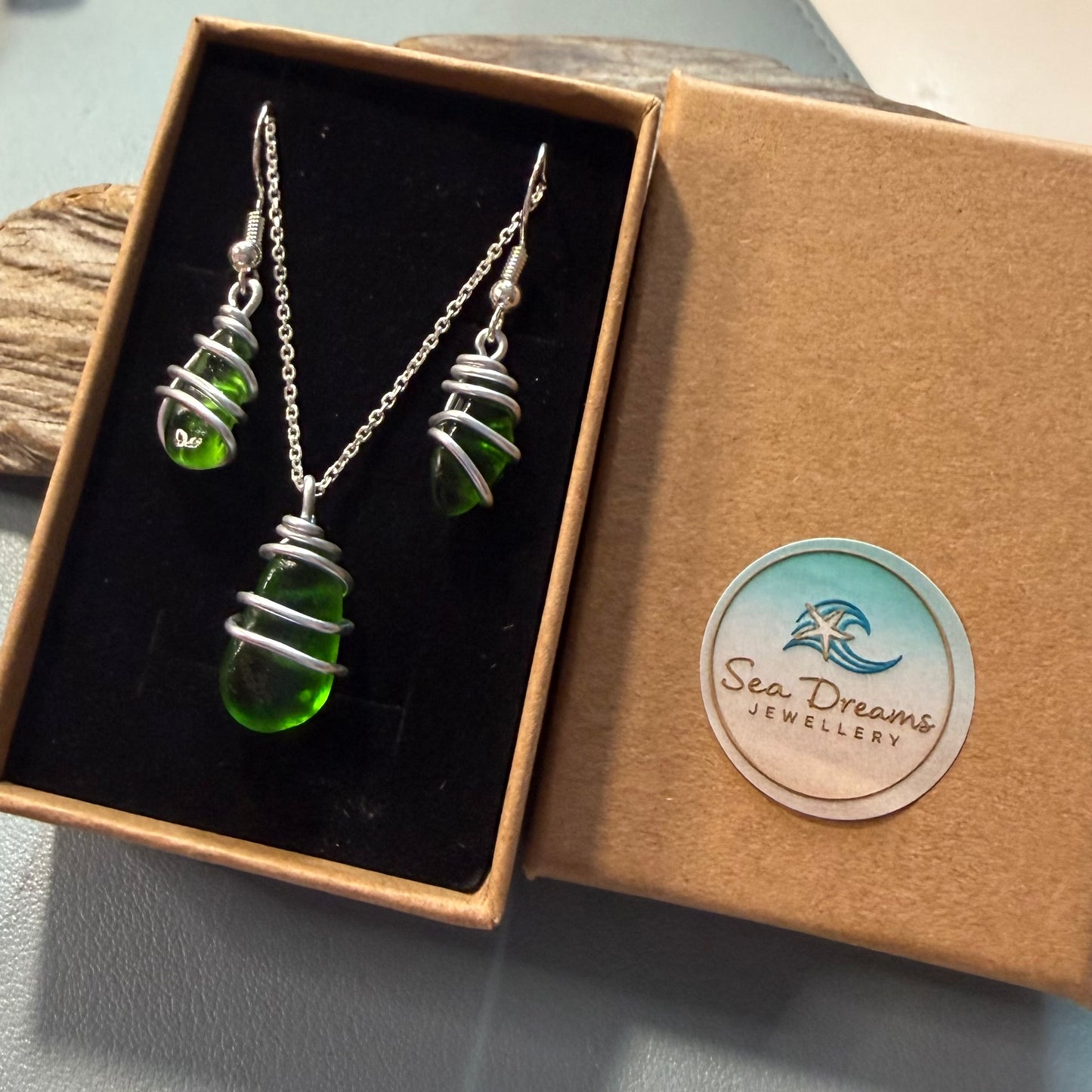 Green Seaham Sea Glass Jewellery Set