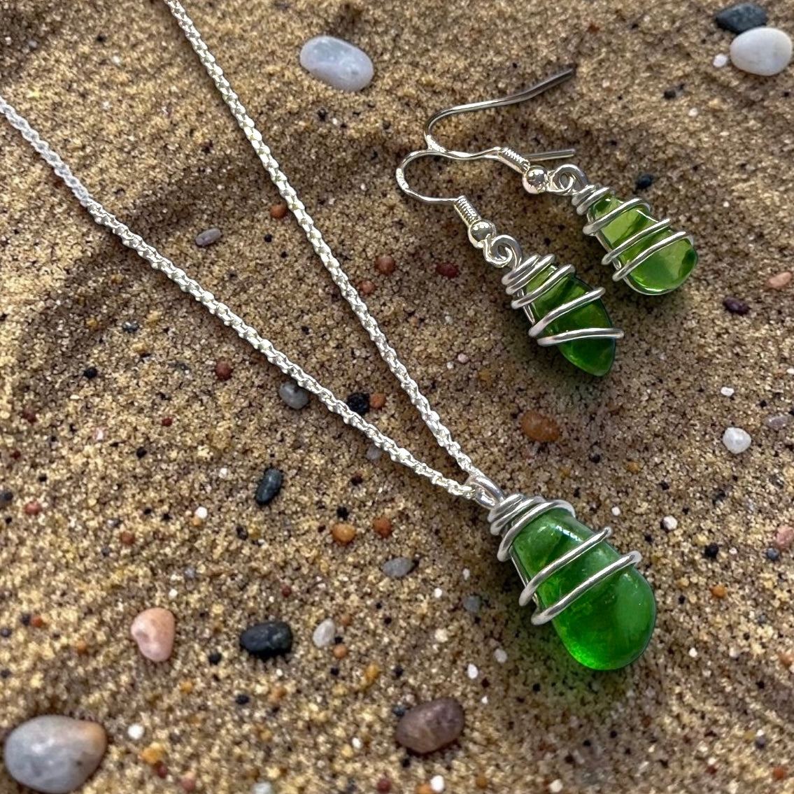 Green Seaham Sea Glass Jewellery Set