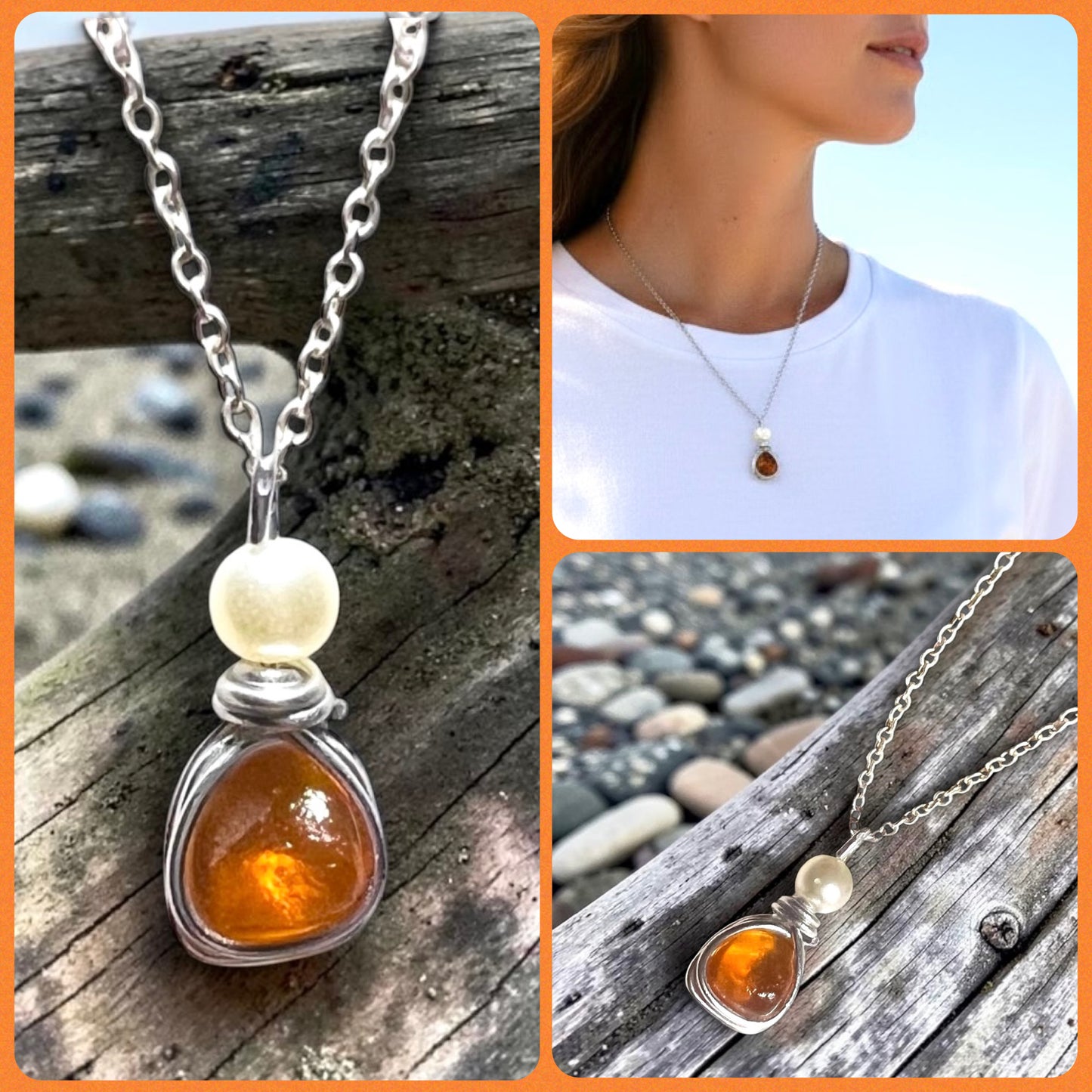 Very Rare Orange Small Seaham Sea Glass Multi Pendant