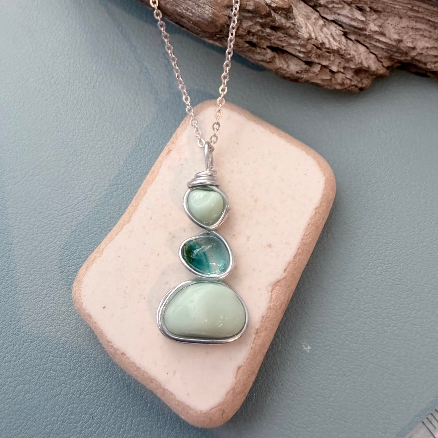 Three Piece Mint Green Seaham Sea Glass Pendant