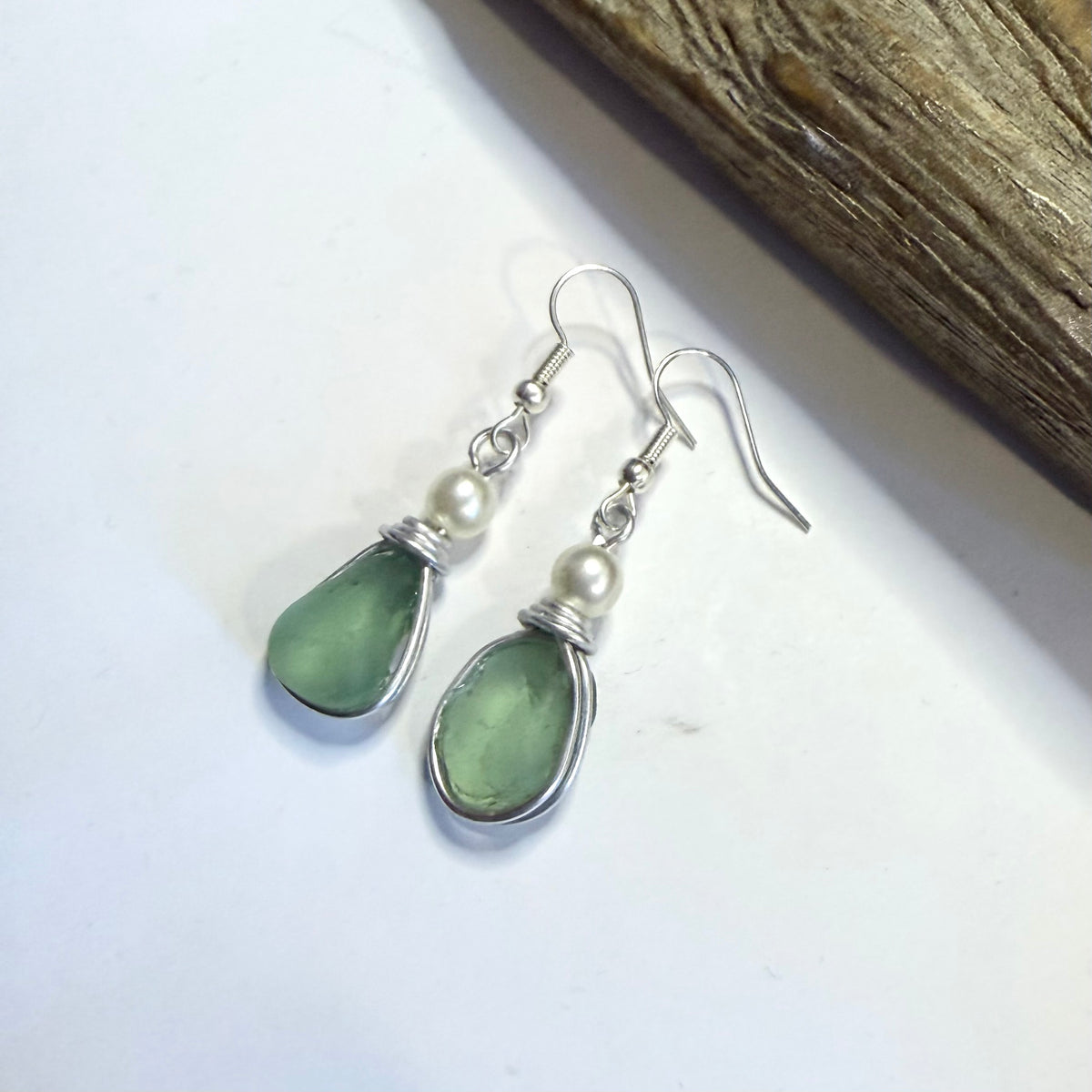 Devon Sea Glass & Ivory Glass Pearl Bead Earrings