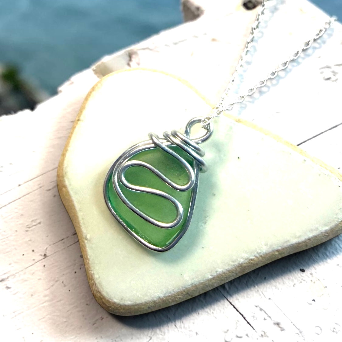 Pale Green Seaham Sea Glass Waves Pendant