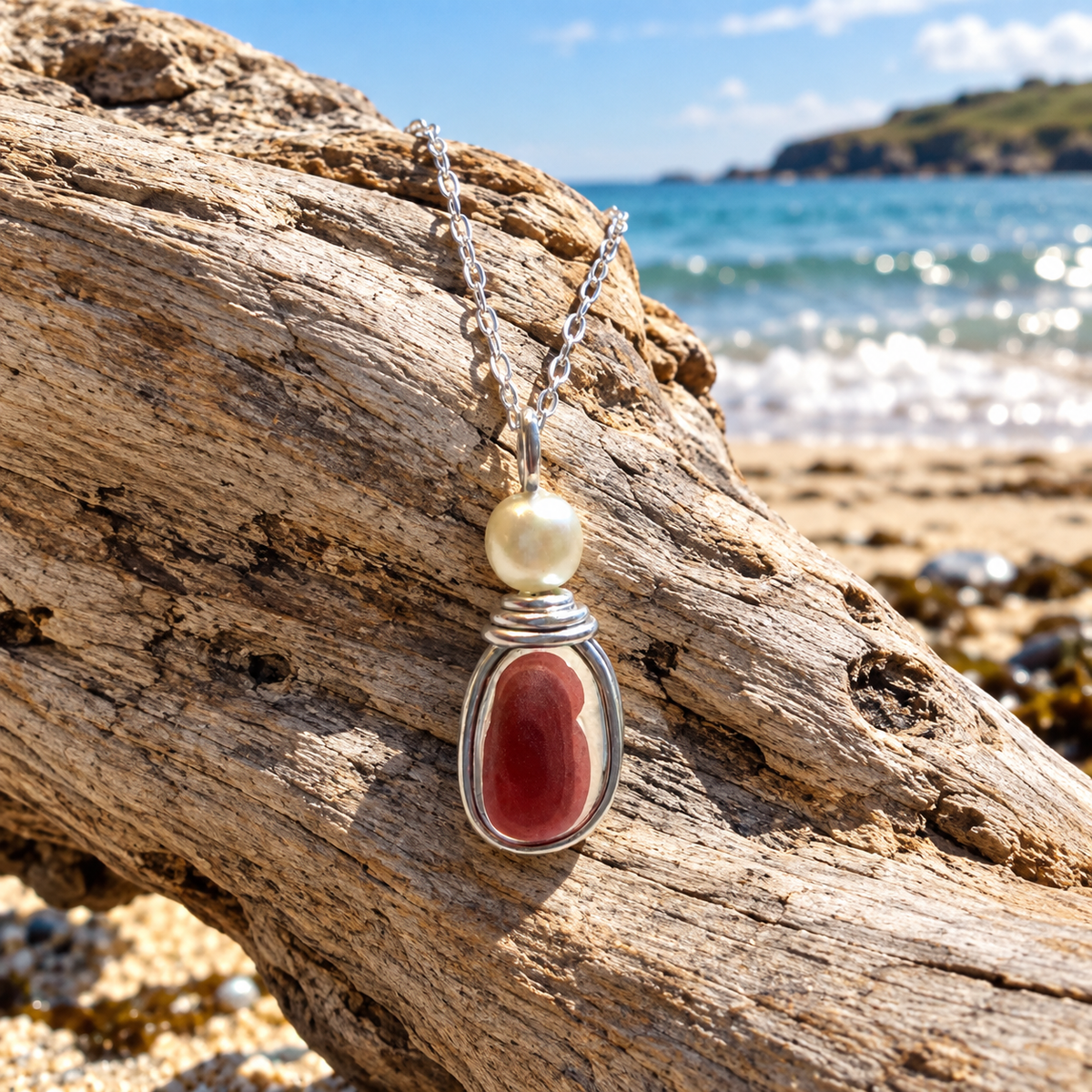 Rare Maroon Tone Seaham Sea Glass Pendant
