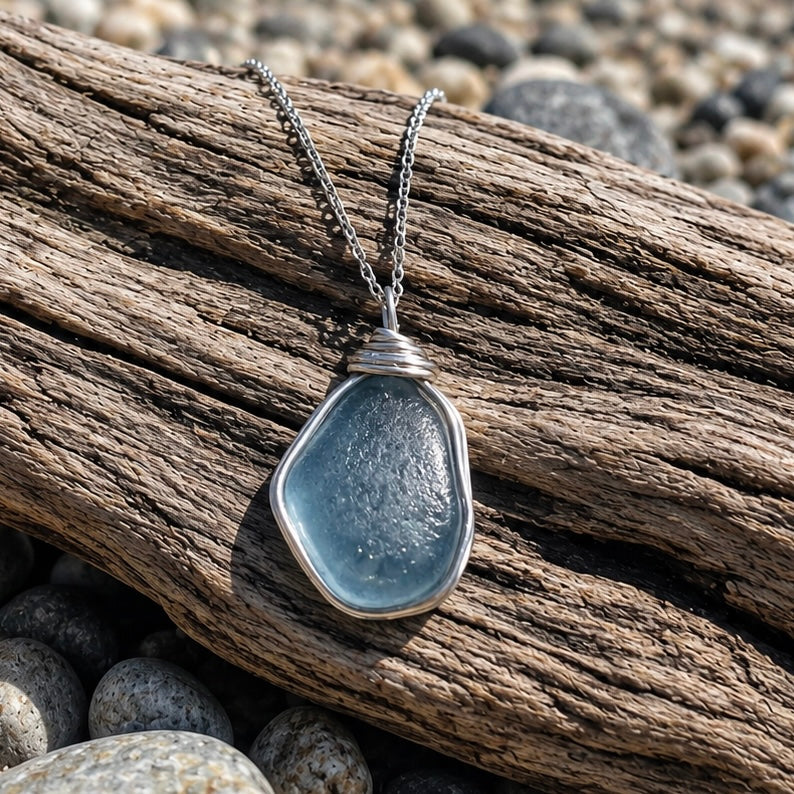 Large Dusky Blue Seaham Sea Glass Pendant