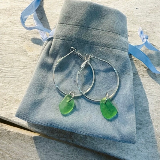Bright Green Cornish Sea Glass Hoop Earrings