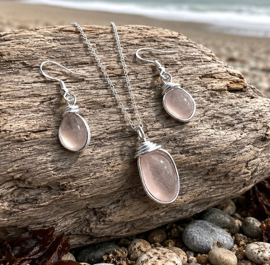 Pale Peach Pink Seaham Sea Glass Jewellery Set